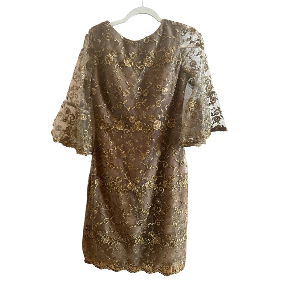 NWT Cincinia Brown Dress Gold Lace Overlay Sz 8 Bell‎ Sleeve Dress Built In Bra